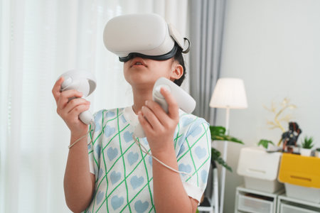 Girl exploring metaverse with VR goggles for virtual learning and simulation.