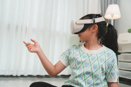 Elementary child exploring metaverse for education and gaming. Future technology.