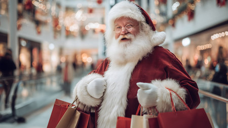 Jolly Santa Claus is holding a bunch of shopping bags in a mallの写真素材