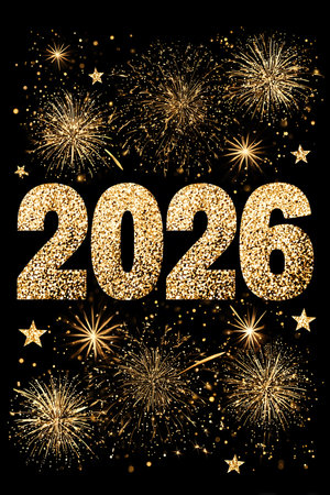 Gold and black poster with fireworks and stars and the number 2026