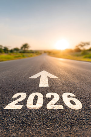 Road with a white arrow pointing up and the number 2026 written below it