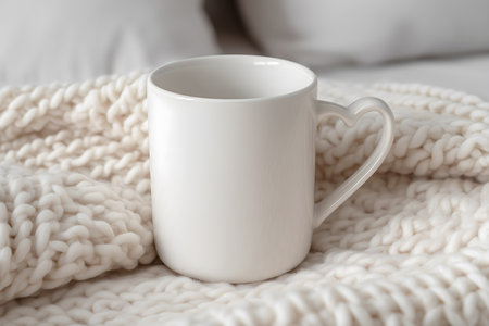 White mug sits on a blanket, with a heart-shaped handleの写真素材