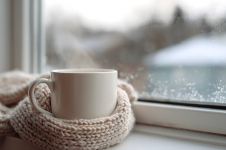White mug with a white blanket wrapped around itの写真素材