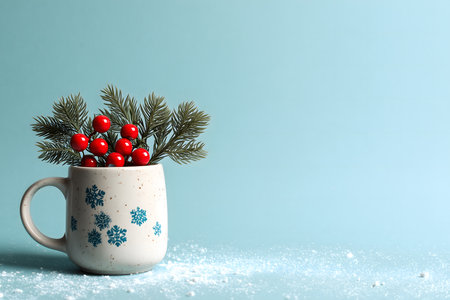 White mug with blue snowflakes on it is filled with red berriesの写真素材