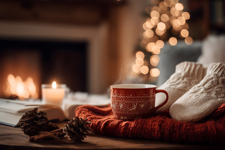 Red mug with a white design sits on a table next to a bookの写真素材
