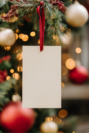 White tag hangs from a Christmas tree with red ribbonの写真素材