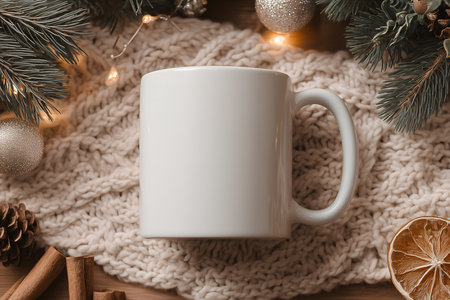 White mug sits on a knitted blanket with a Christmas tree in the backgroundの写真素材