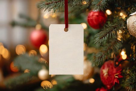 White tag hangs from a Christmas treeの写真素材