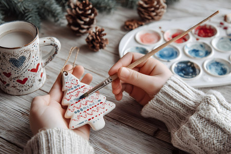 Person is painting a tree ornament with a paintbrushの写真素材