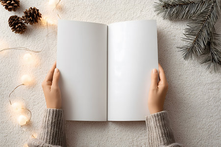 Person is holding a book open to a blank pageの写真素材