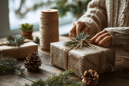 Person is wrapping a gift with a pine cone and a stringの写真素材