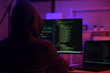A mysterious hooded hacker working on a computer in a dark room.の写真素材
