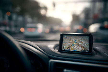 Car dashboard with a GPS screen showing a map of the city