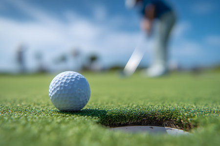 White golf ball is sitting on a green grass field
