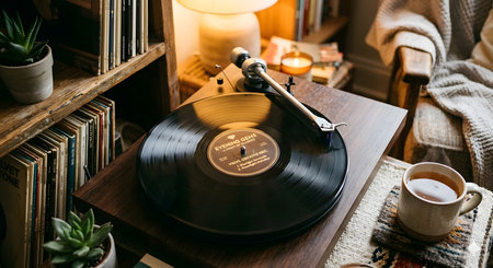 Warm light glows softly on vintage turntable