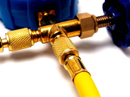 Picture of blue pressure meter, tool that usualy used by technician to measure gas pressure. Captured on a white isolated bachground.の写真素材