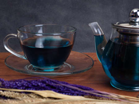 A cup of blue tea that made from buterfly pea flower or Clitoria Ternateaの写真素材