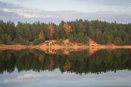 View to the coniferous forest in autumn in Ogre Zilie Kalni (Blue Hill) Nature Park over Dubkalni Reservoir with the beautiful reflections in the waterの写真素材