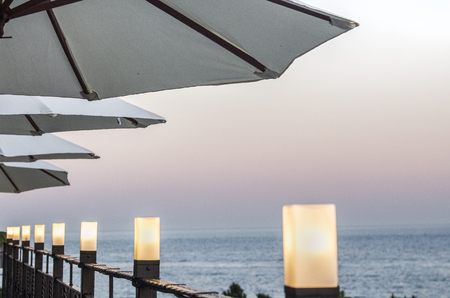 Cafe on the beach, ocean and sky.の写真素材