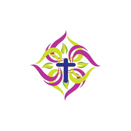 Christian church vector logo. Blue crucifix, flying dove, green leaves. Religious educational sign, symbol of growing.のイラスト素材