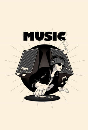 Cool Illustration of DJ spinning on turntables - vector illustrationのイラスト素材