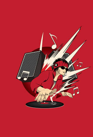 Manga style Illustration of DJ spinning on turntable - vector illustrationのイラスト素材
