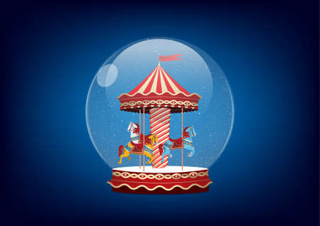 Realistic illustration of snow-dome or snow globe. Carousel with horses.のイラスト素材
