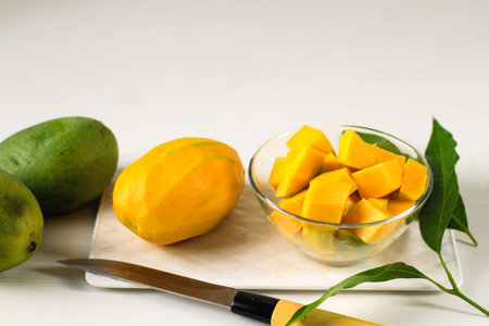 Cubed Mango Fruit or Mangga Harum Manis comes from Probolinggo, East Java. The outer skin is green, the flesh is orange, it tastes sweet and smells goodの写真素材