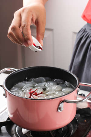 Pour Red Food Coloring to the Pan with Pam Fruit, Step by Step Making Manisan Kolang Kaling for...