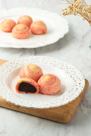 Red Bean Spiral Thousand Layer Mooncake, Pastry Style Moon Cakes Filled with Sweetened Red Bean...