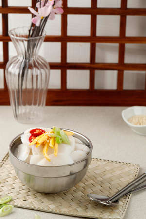 Korean traditional food rice cake soup, tteokguk for Seollalの写真素材