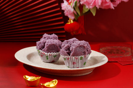 Purple Steamed Cupcake or Fa Gao, Kue Mangkok in Indonesia. Cake for New Year Festival Imlek with...