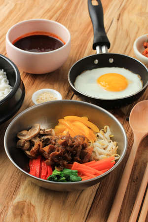 Set of Ingredients for Cooking Bibimbap, Traditional Korean Dish Mix Riceの写真素材