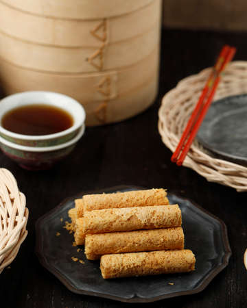 Chinese New Year CNY  Egg Roll on Rustic Plate