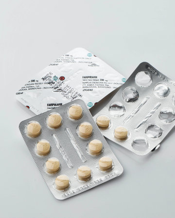 Bandung, Indonesia, 02102021: Favipiravir, Avigan, or Favilavir is an Antiviral Drug, Suggest the...