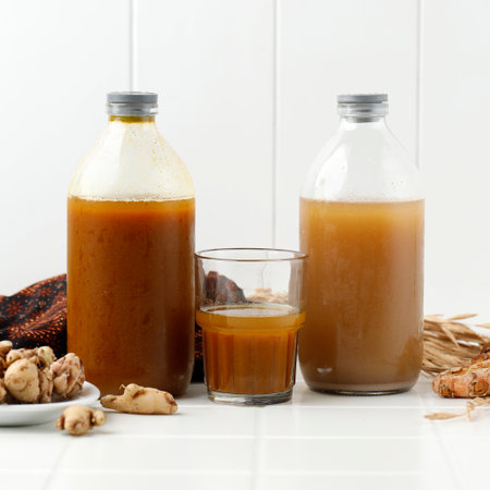 Jamu Indonesian, Traditional herba Drink Called Beras kencur and Kunyit Asem, White Concept Celan Modern Healthy Drink, White Conceptの写真素材
