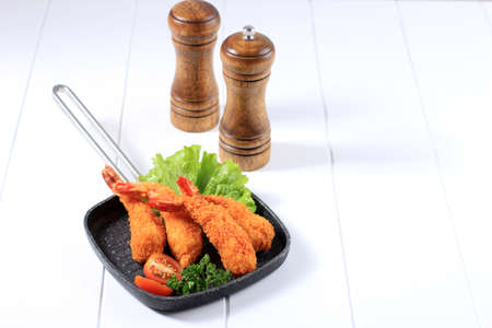 Tempura Shrimp, Deep Fried Coated Prawn with Bread Crumbs on White Table, Copy Space for Text