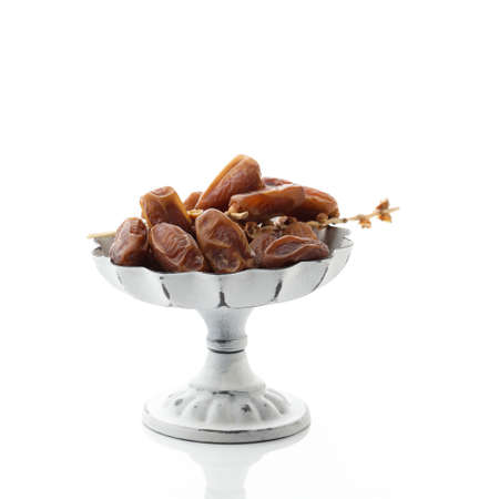 Dried Tunisian Dates with Stalk, Isolated on White