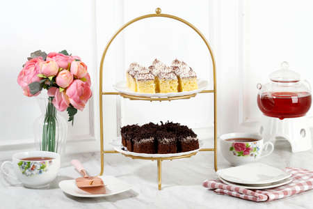 High Tea Set with Tiramisu Mini Cake and Chocolate Sponge Cake, Bakery Concept