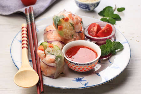 Vietnamese Food : Vietnam Spring Roll made from Boiled Shrimp, Carrots, Cucumber, Wrapped with Rice...