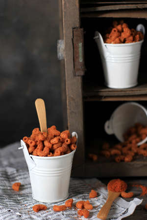 Spicy Crispy Macaroni, Popular Snack in Bandung, Indonesia. Made from Fried Macaroni with Spicy...