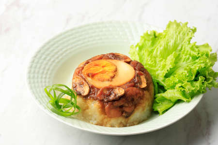 Homemade Nasi Tim Ayam, Steamed Rice with Diced Chicken Soy Sauce and Half Boiled Egg and Mushroom....
