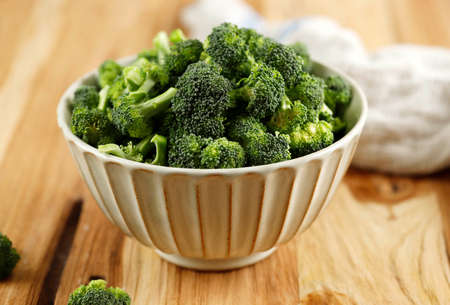 Healthy Green Organic Raw Broccoli Florets Ready for Cooking, Served on Ceramic Bowl, Wooden Table