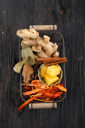 Selected Focus Rempah or Herbs, Ingredients for Making Wedang Uwuh, Indonesian Traditional Drinkの写真素材