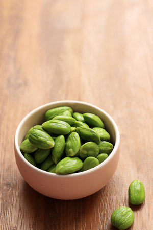 Fresh Ripe Prakia speciosa or Bitter Bean, Twisted Cluster Bean, Stink Bean (Parkia speciosa., Fabaceae)の写真素材