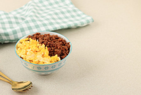 Tori Soboro Don, Steam Rice Topping with Stir Fry Minced Chicken and Scrambled Egg, Japanese Donburi...