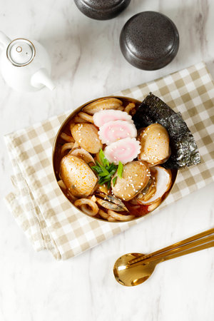 Clams Udon, Chinese Syle Noodles with Vegetables and Seafoodの写真素材