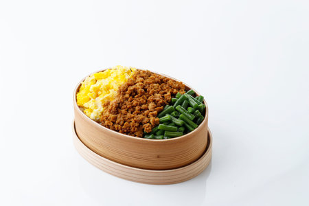 Sanshoku Lunch Box Three Color Japanese Rice Lunchbox with Stir Fry Minced Chicken, Boiled French...