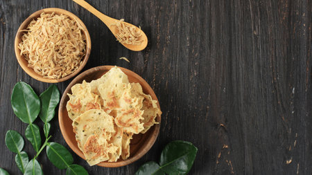 Top View Rempeyek or Peyek Rebon is a Deep Fried Savoury Javanese Cracker Made from Rice flour and Udang Rebon. Popular in Malaysia and Indonesia. Copy Space for Textの写真素材