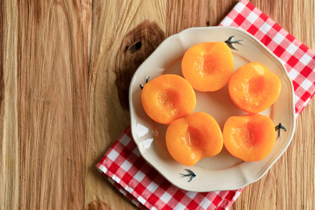 Canned Peach on Sugar Syrup, Copy Space for Textの写真素材